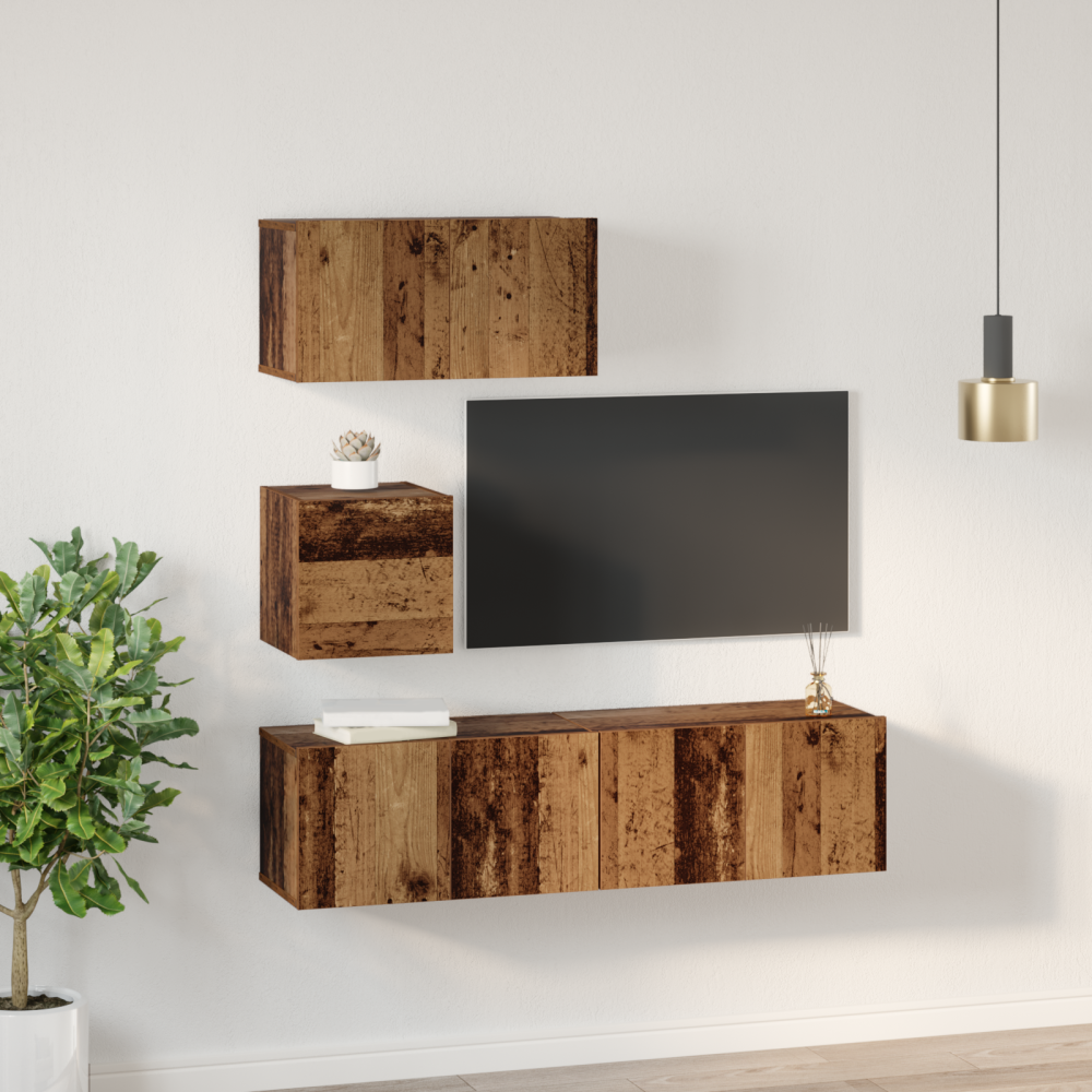 Produktbild för TV-bänkset Väggmonterad 4 pcs Gammalt trä Konstruerat trä