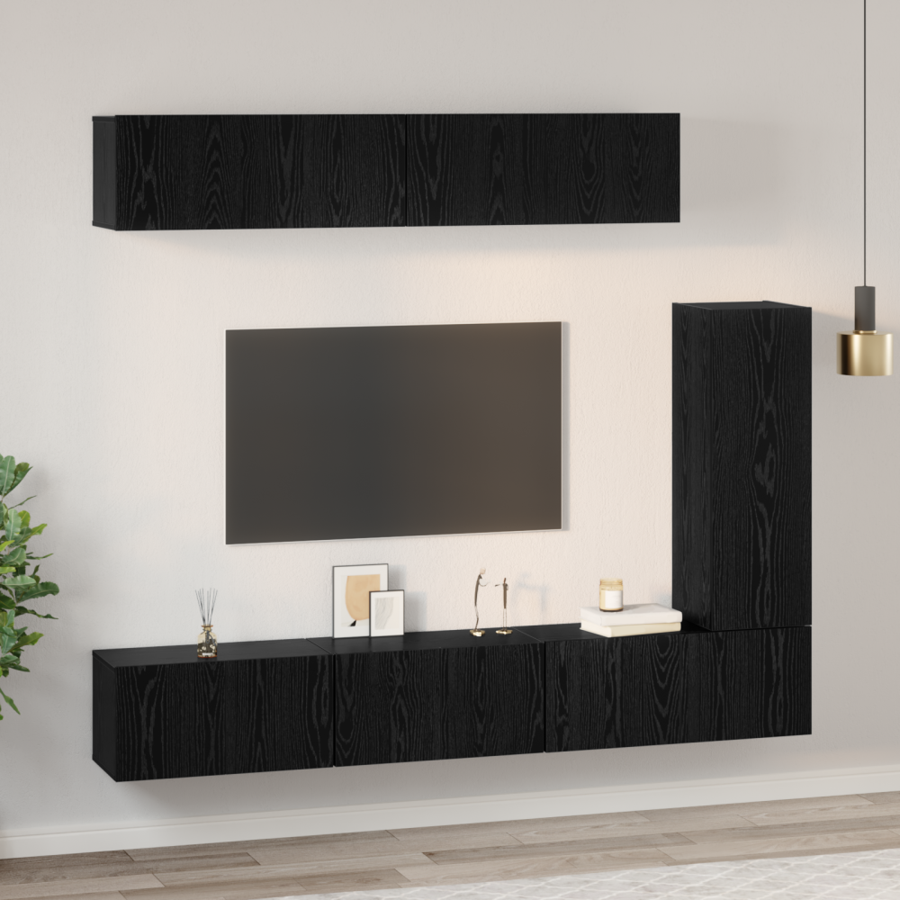 Produktbild för TV-bänkset Väggmonterad 6 pcs Svart Ek Konstruerat trä