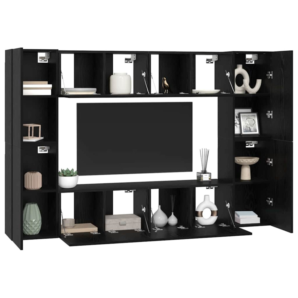 Produktbild för TV-bänkset Väggmonterad 8 pcs Svart Ek Konstruerat trä
