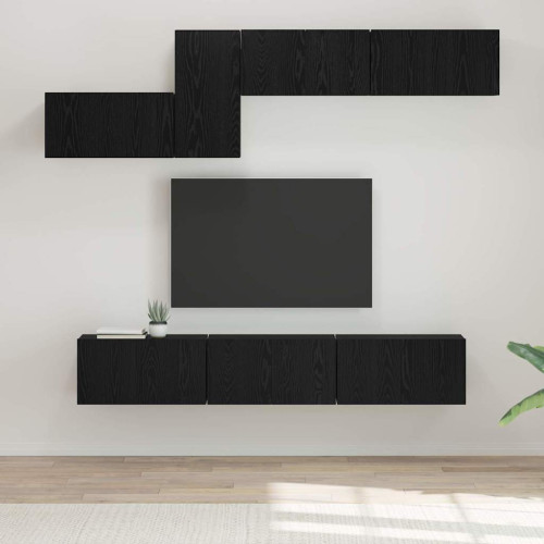 vidaXL TV-bänkset med låda Väggmonterad 7 pcs Svart Ek Konstruerat trä