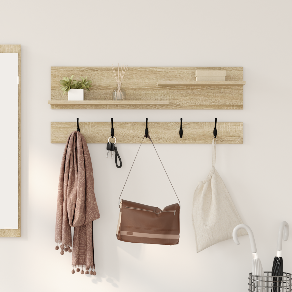 Produktbild för Väggmonterad Klädhängare med hylla Sonoma-ek 90 x 15 x 36 cm