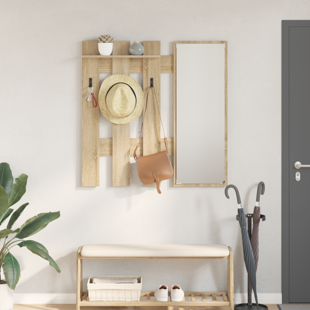 Produktbild för Väggmonterad Klädhängare med spegel Sonoma-ek 100 x 10 x 100 cm