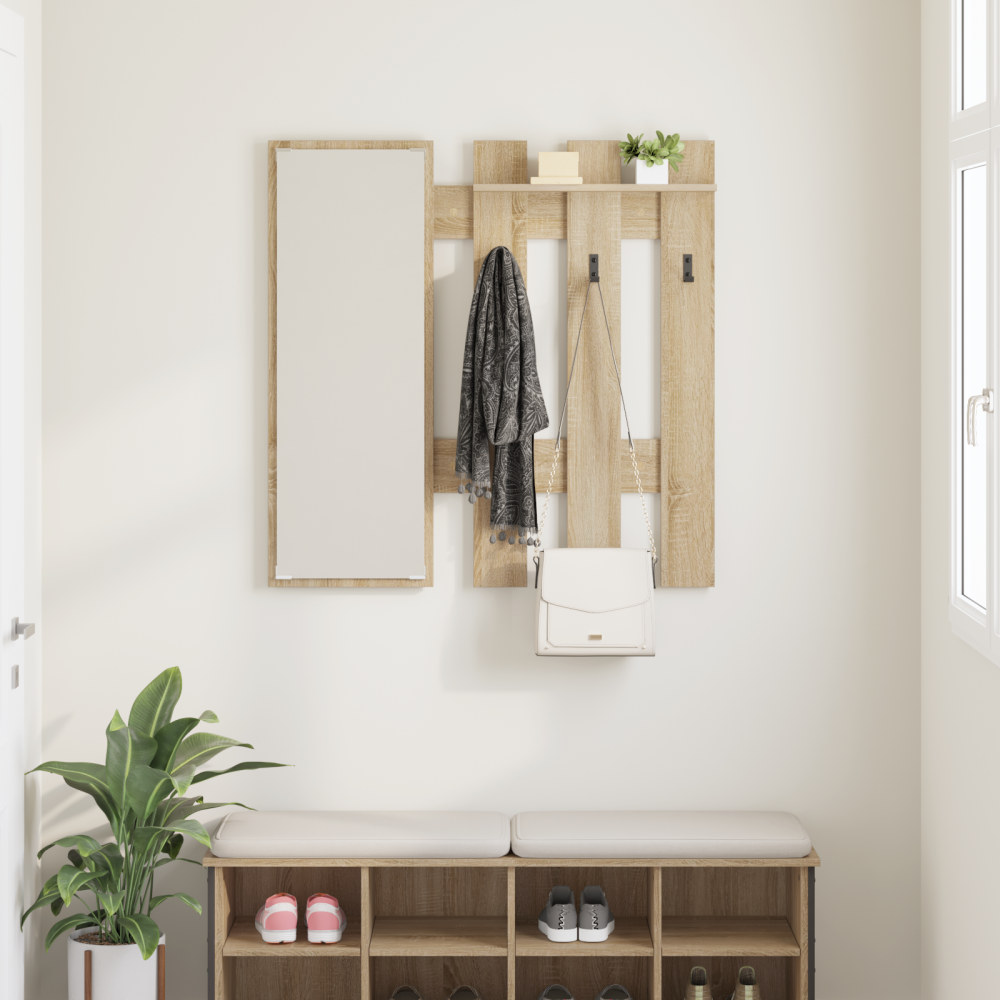 Produktbild för Väggmonterad Klädhängare med spegel Sonoma-ek 100 x 10 x 100 cm