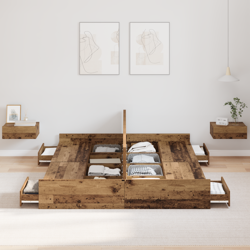 Produktbild för Förvaringssängram Gammalt trä 150 x 200 cm Konstruerat trä