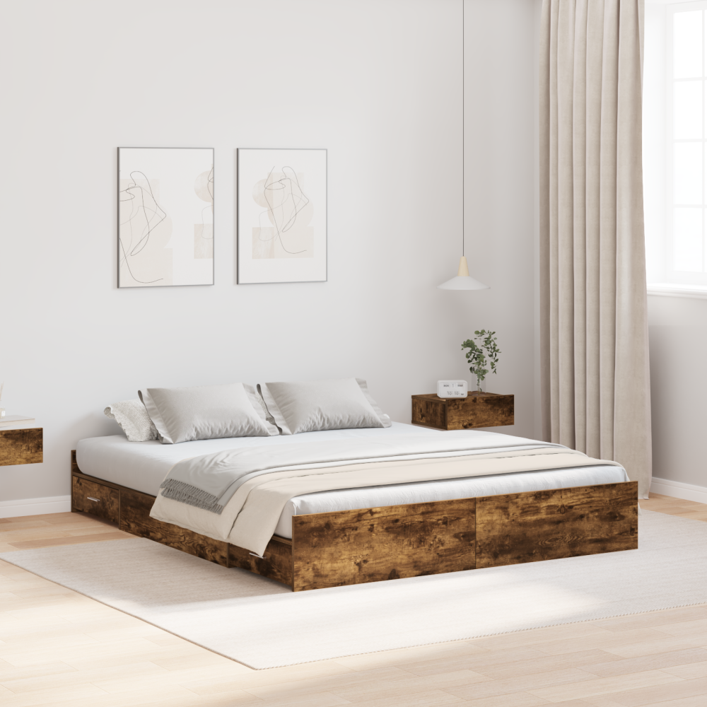 Produktbild för Förvaringssängram med låda Rökt ek 135 x 190 cm Konstruerat trä
