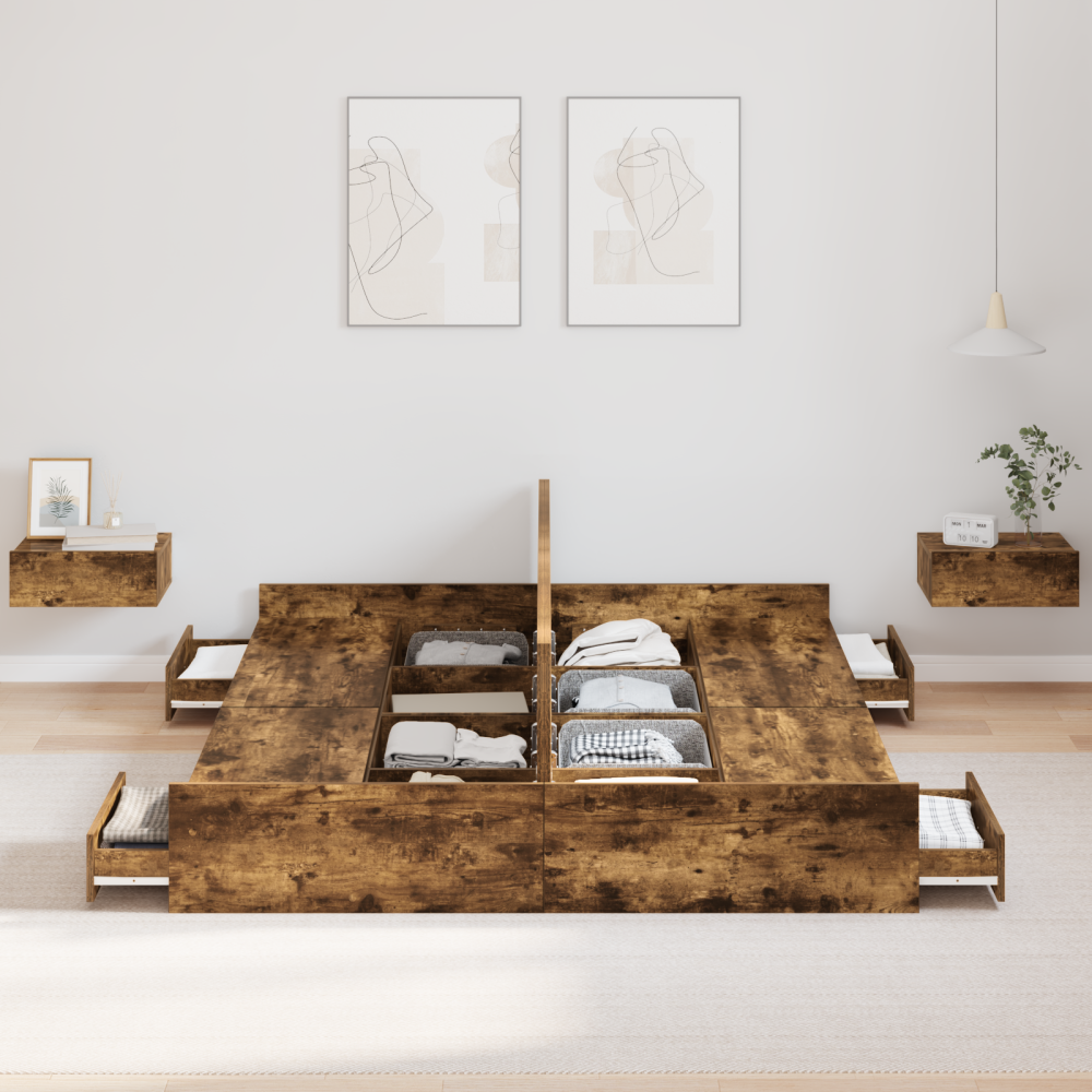 Produktbild för Förvaringssängram med låda Rökt ek 135 x 190 cm Konstruerat trä
