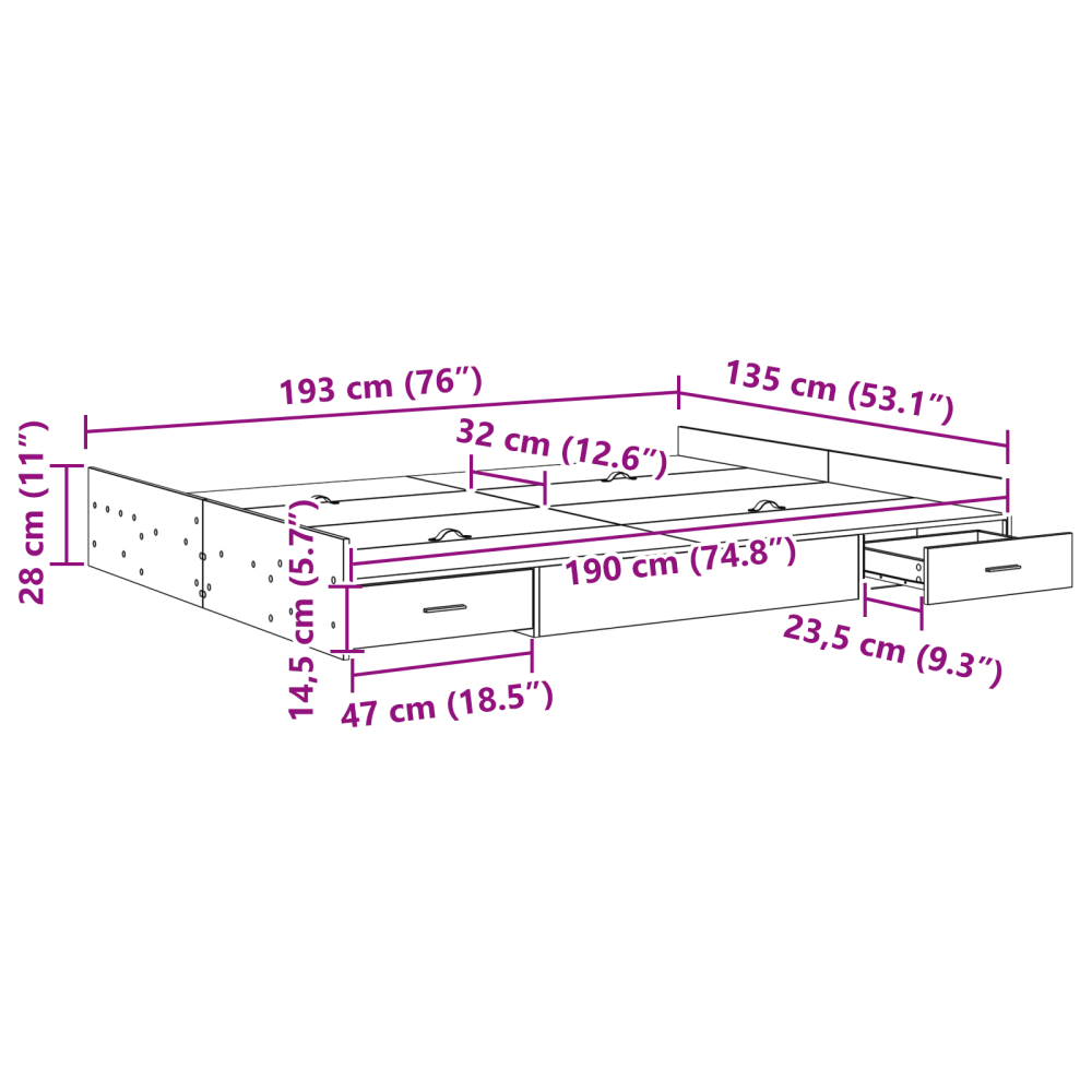 Produktbild för Förvaringssängram med låda Rökt ek 135 x 190 cm Konstruerat trä