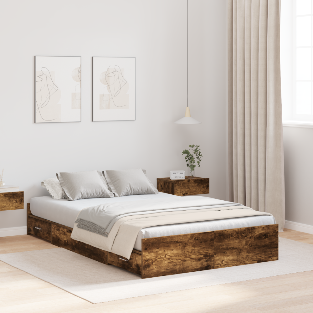 Produktbild för Förvaringssängram med låda Rökt ek 120 x 190 cm Konstruerat trä