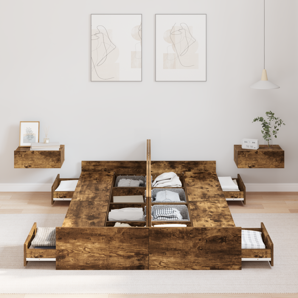 Produktbild för Förvaringssängram med låda Rökt ek 120 x 190 cm Konstruerat trä