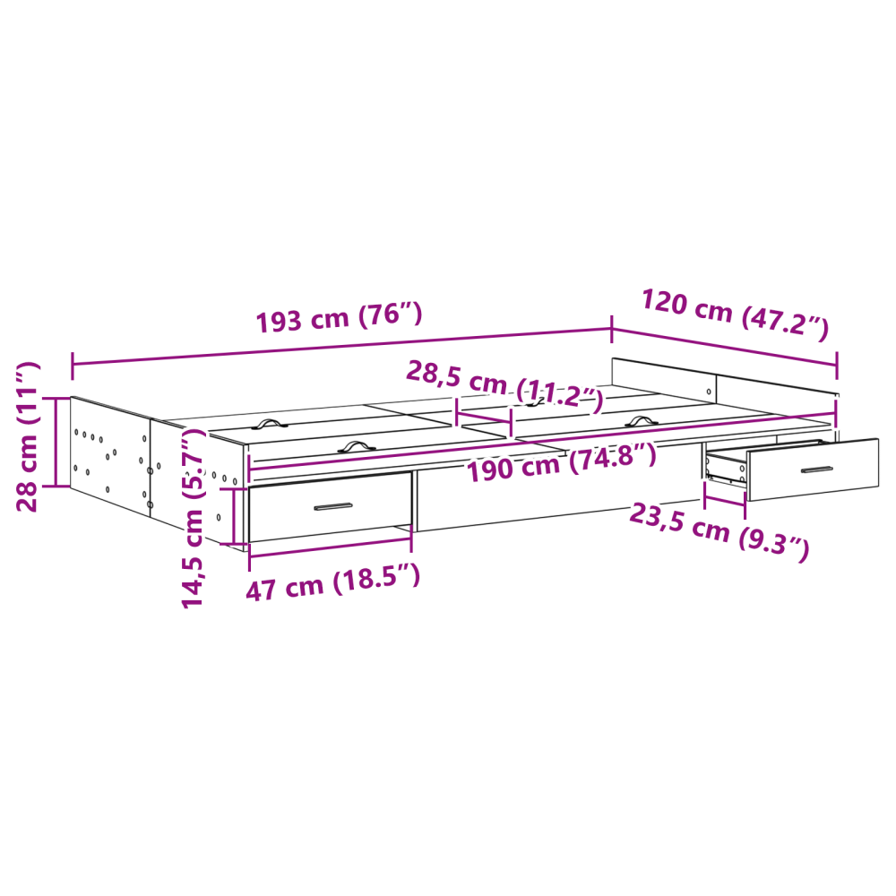 Produktbild för Förvaringssängram med låda Rökt ek 120 x 190 cm Konstruerat trä