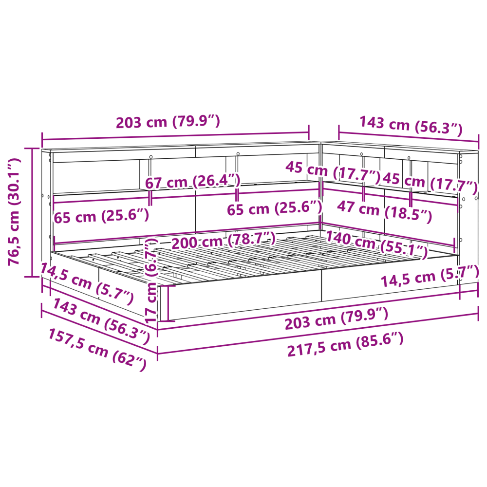 Produktbild för Bokhylla Säng med huvudgavel Vit 140 x 200 cm Konstruerat trä