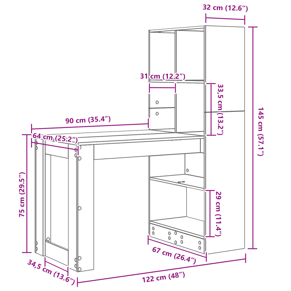 Produktbild för Skrivbord med hylla Svart Ek 122 x 67 x 145 cm Konstruerat trä