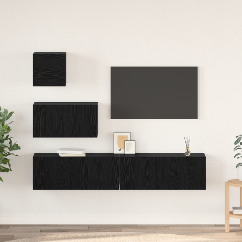 vidaXL TV-bänkset Väggmonterad 3 pcs Svart Ek Konstruerat trä