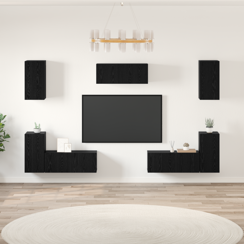 Produktbild för TV-bänkset Väggmonterad 7 pcs Svart Ek Konstruerat trä