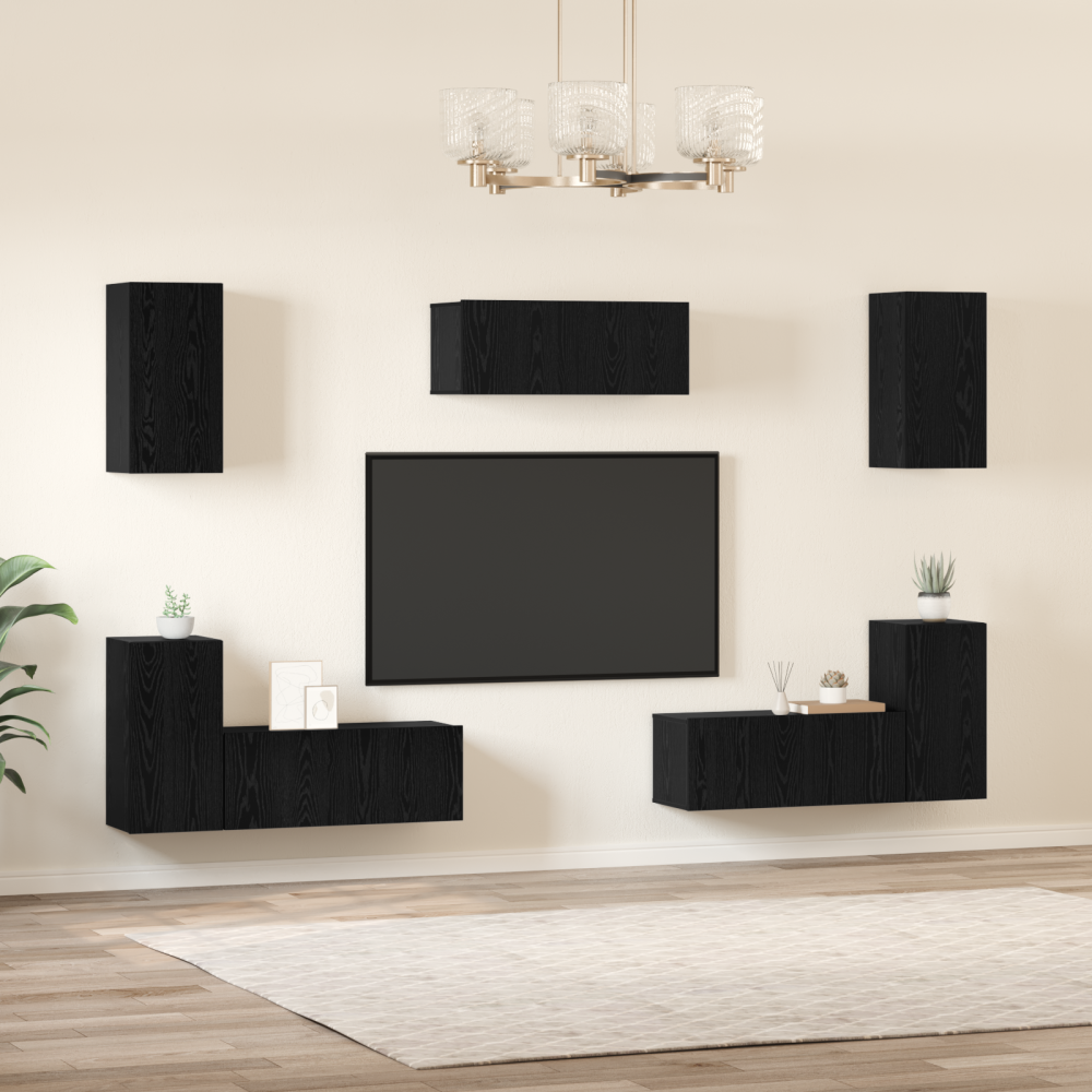 Produktbild för TV-bänkset Väggmonterad 7 pcs Svart Ek Konstruerat trä