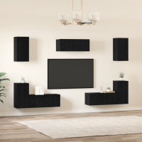 Produktbild för TV-bänkset Väggmonterad 7 pcs Svart Ek Konstruerat trä
