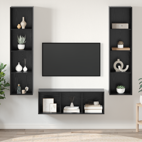 vidaXL TV-bänkset Väggmonterad 3 pcs Svart Ek Konstruerat trä
