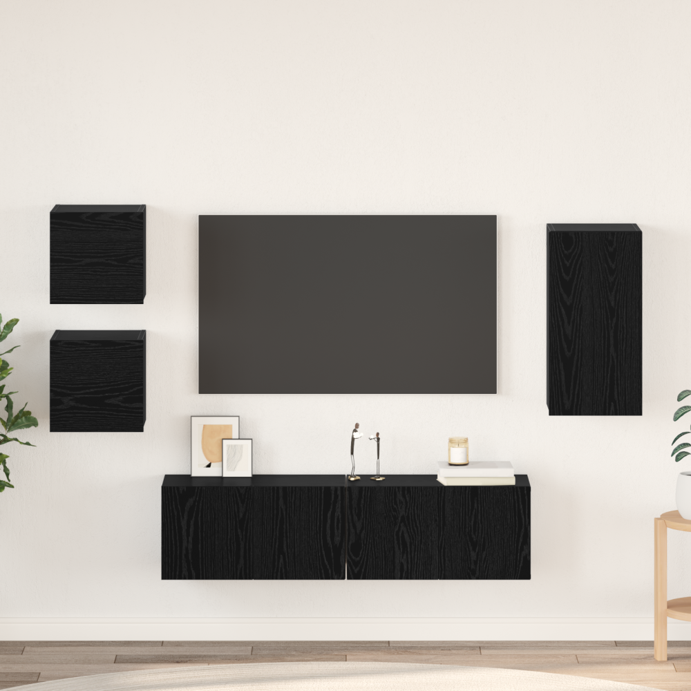 Produktbild för TV-bänkset Väggmonterad 5 pcs Svart Ek Konstruerat trä