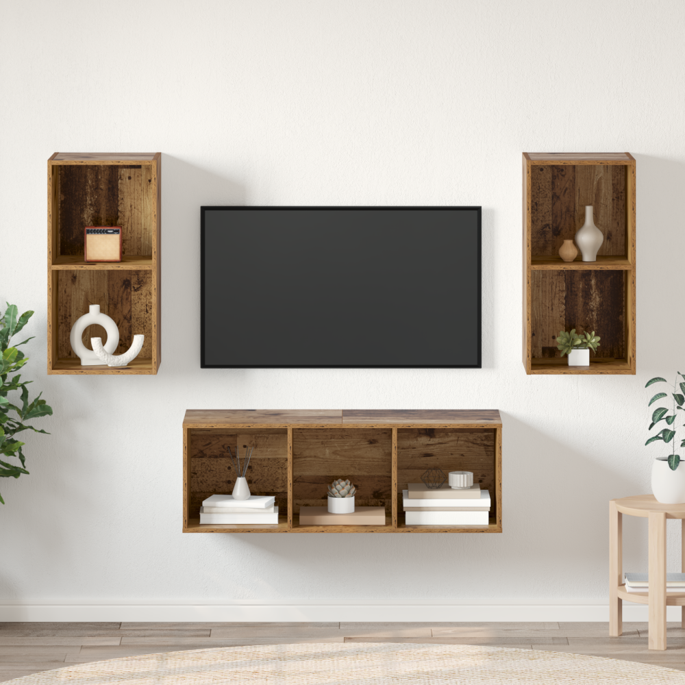 Produktbild för TV-bänkset Väggmonterad 3 pcs Gammalt trä Konstruerat trä
