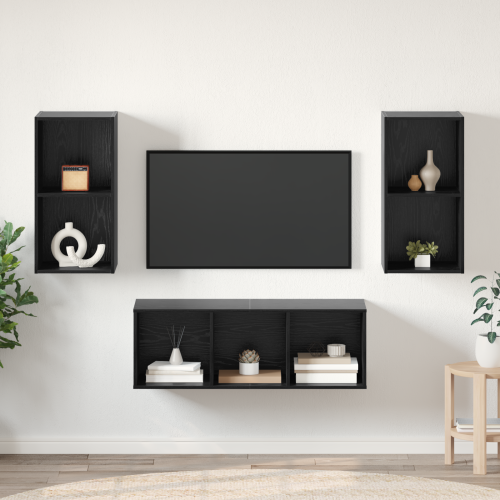 vidaXL TV-bänkset Väggmonterad 3 pcs Svart Ek Konstruerat trä