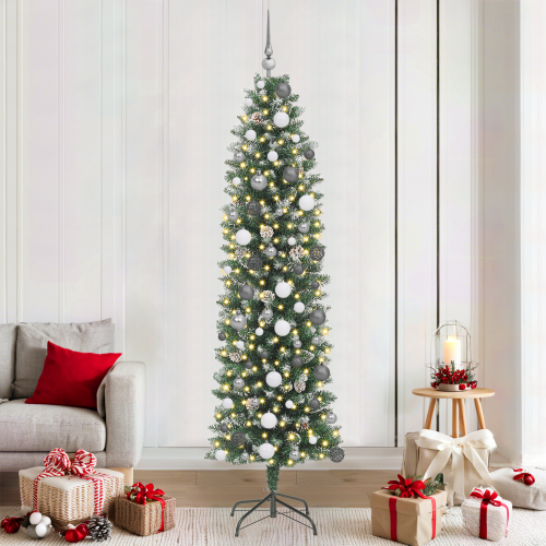 vidaXL Konstgjort smalt julträd med 300 LED-lampor Grön och Vit 210 cm