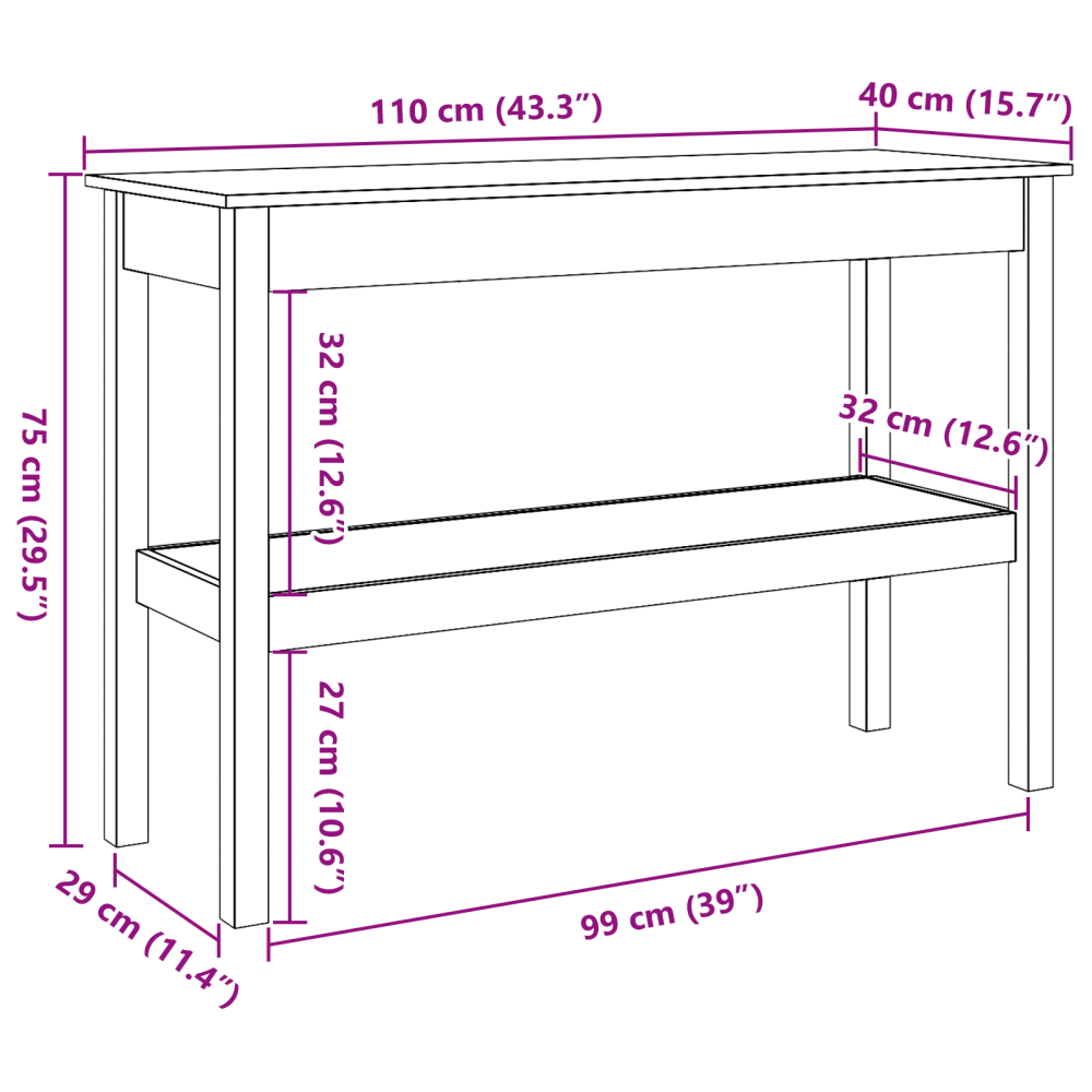 Produktbild för Konsolbord med hylla Vaxbrun 110 x 40 x 75 cm Massivt furu