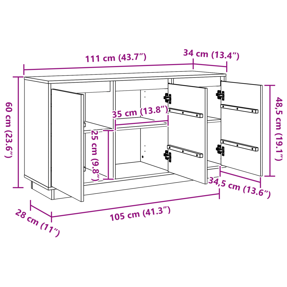 Produktbild för Sideboard Brun Ek 111 x 34 x 60 cm Massiv furu