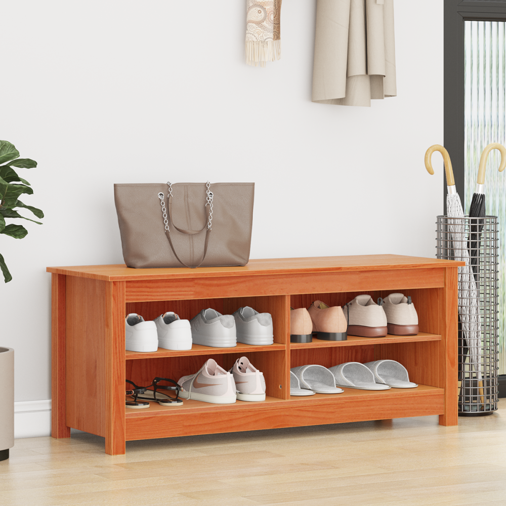 Produktbild för Förvaringsbänk med hylla Vaxbrun 110 x 38 x 45,5 cm Massiv furu