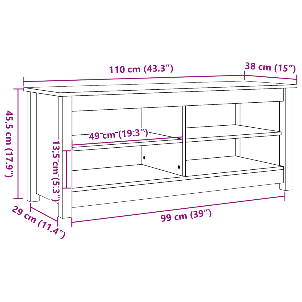 Produktbild för Förvaringsbänk med hylla Vaxbrun 110 x 38 x 45,5 cm Massiv furu