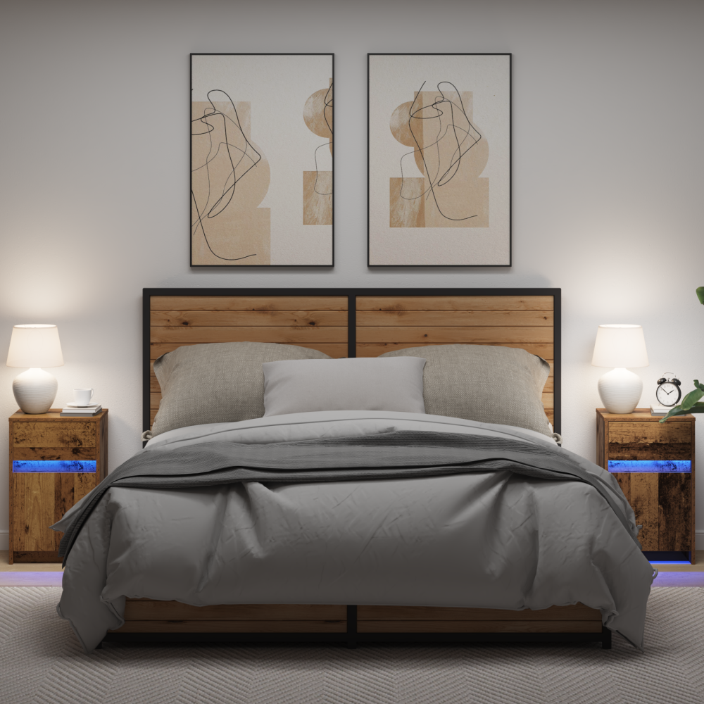 Produktbild för LED Sängbord Cabinet med låda 2 pcs Gammalt trä 38 x 34 x 61 cm
