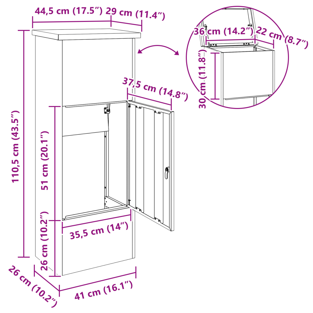 Produktbild för Paketbox med lagring med dörr Vit 44,5 x 29 x 110,5 cm Stål