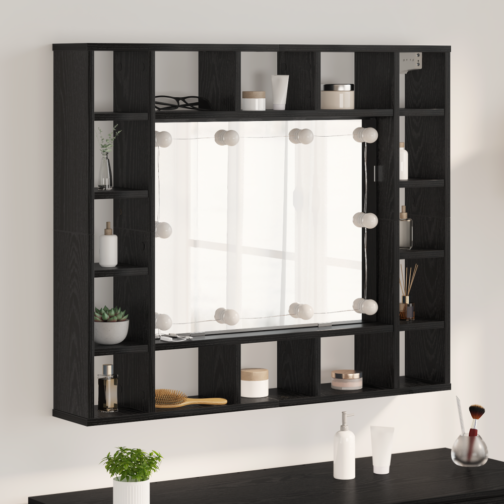 Produktbild för Spegelskåp med hylla Svart Ek 91 x 15 x 76,5 cm Konstruerat trä