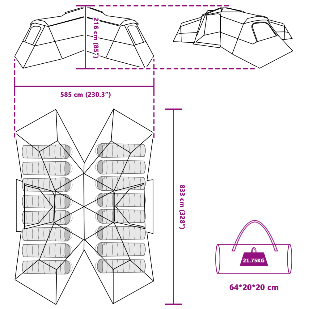 Produktbild för Familjetält med tak med lagring Grön 833 x 585 x 216 cm taffeta