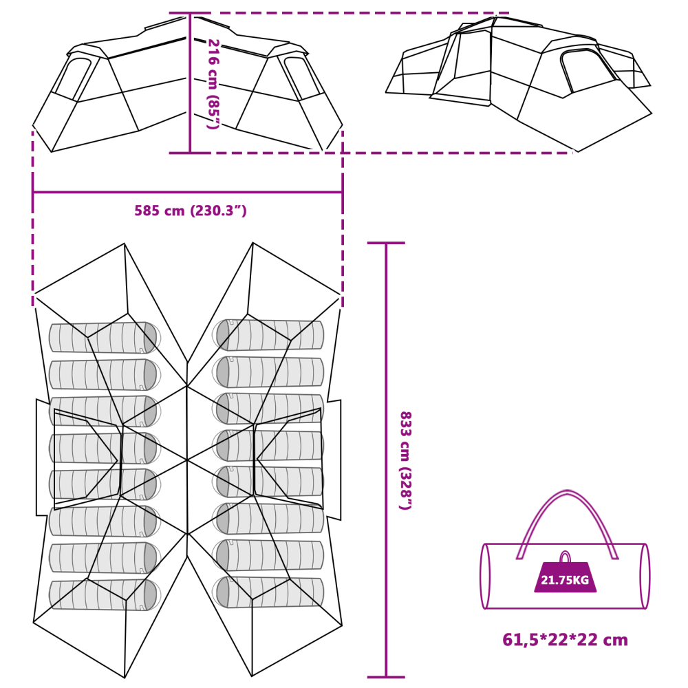 Produktbild för Familjetält med tak med lagring Blå 833 x 585 x 216 cm taffeta