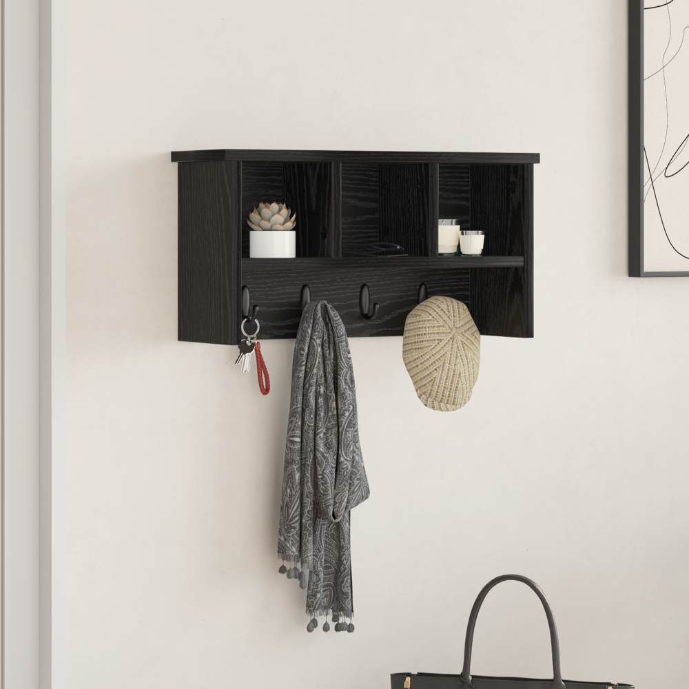 Produktbild för Väggmonterad Klädhängare med hylla Svart Ek 50 x 16 x 26 cm