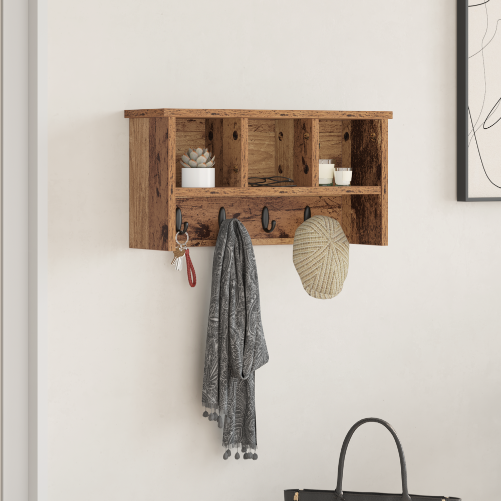 Produktbild för Väggmonterad Klädhängare med hylla Gammalt trä 50 x 16 x 26 cm