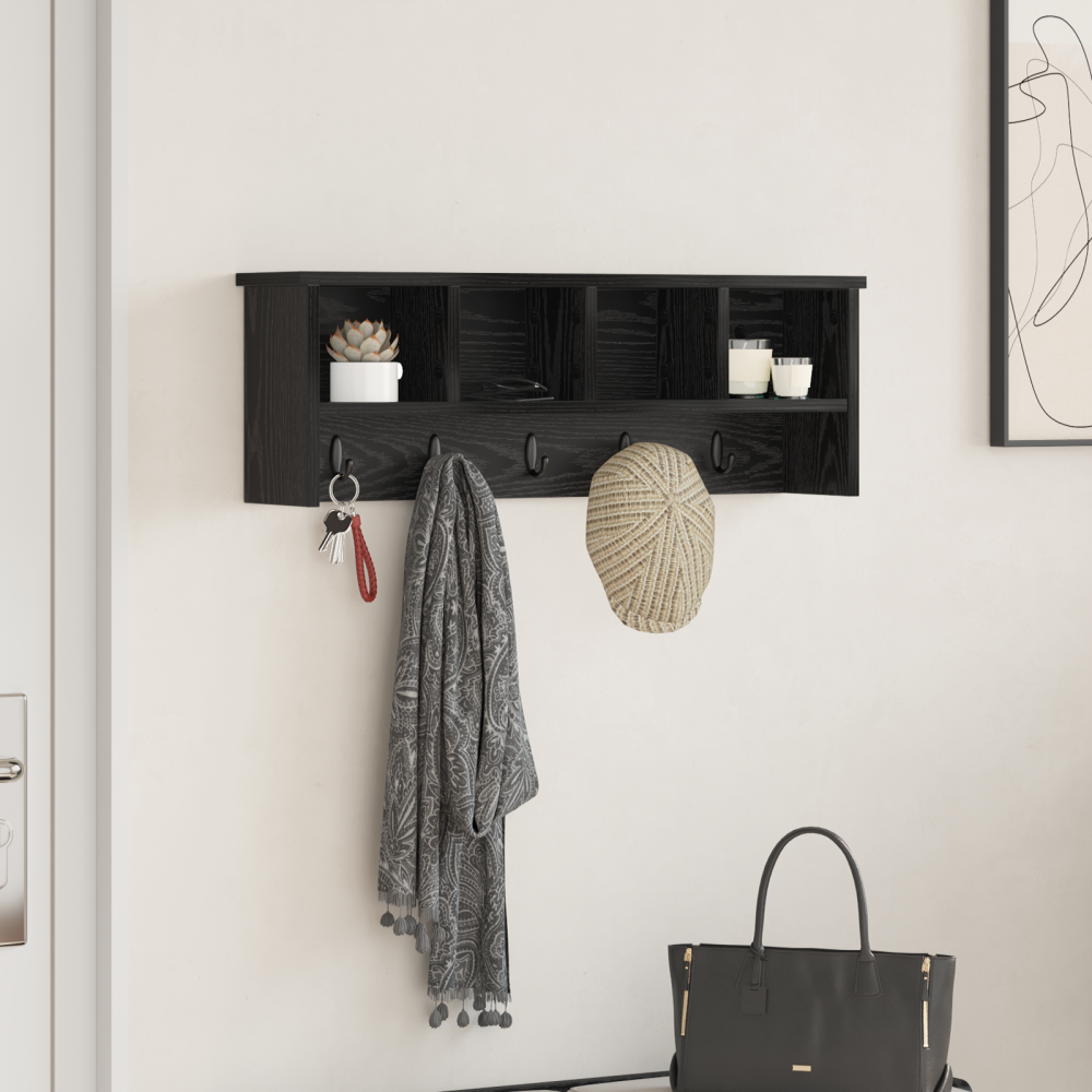 Produktbild för Väggmonterad Klädhängare med hylla Svart Ek 75 x 16 x 26 cm