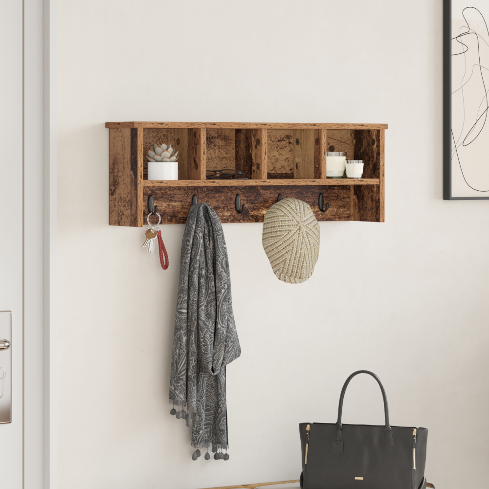 Produktbild för Väggmonterad Klädhängare med hylla Gammalt trä 75 x 16 x 26 cm