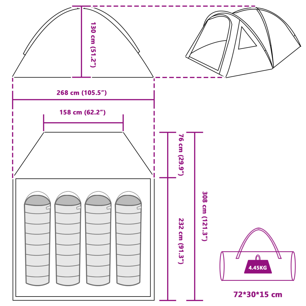 Produktbild för Dome Tält 4 person 308 x 268 x 130 cm Vattentålig Grön taffeta