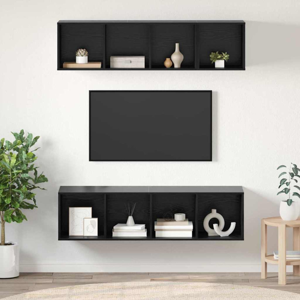 Produktbild för TV-bänkset Väggmonterad 3 pcs Svart Ek Konstruerat trä