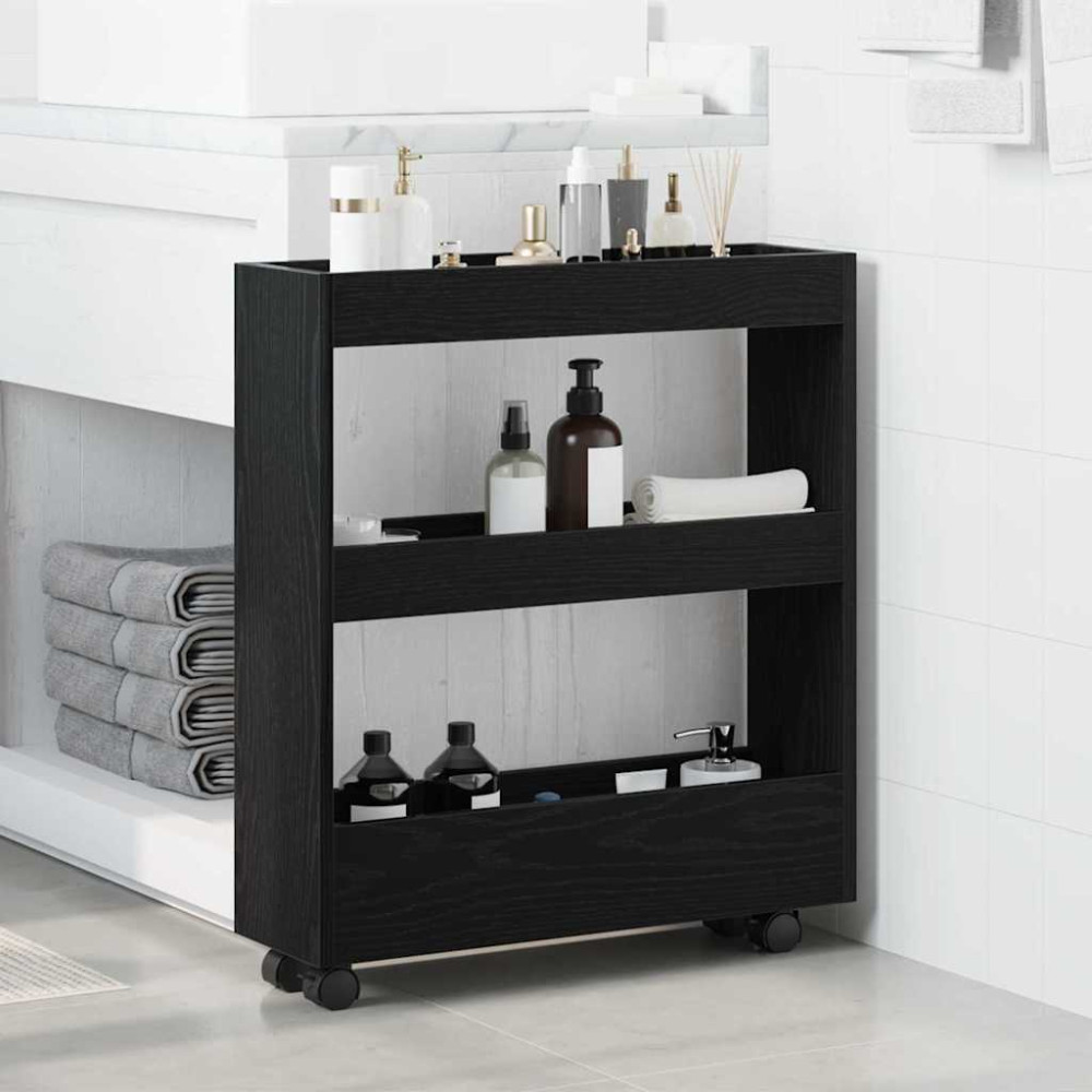 Produktbild för Smal förvaringsvagn Svart Ek 60 x 18 x 70 cm Konstruerat trä