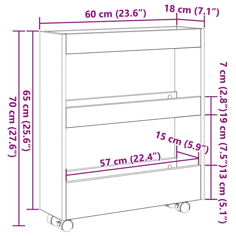 Produktbild för Smal förvaringsvagn Svart Ek 60 x 18 x 70 cm Konstruerat trä
