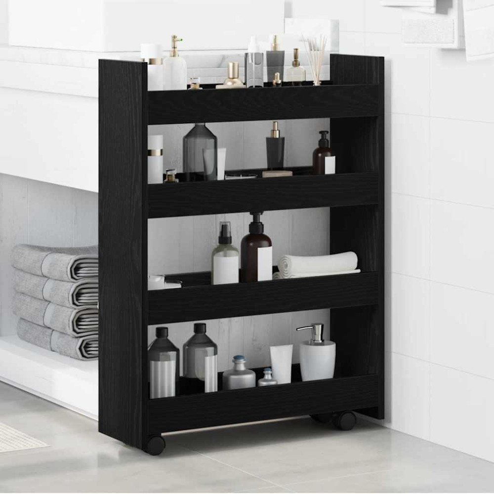Produktbild för Smal förvaringsvagn Svart Ek 60 x 20 x 82 cm Konstruerat trä