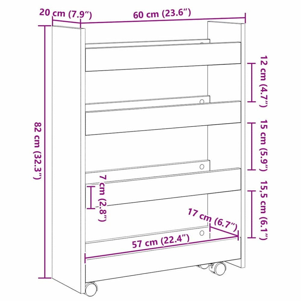 Produktbild för Smal förvaringsvagn Svart Ek 60 x 20 x 82 cm Konstruerat trä