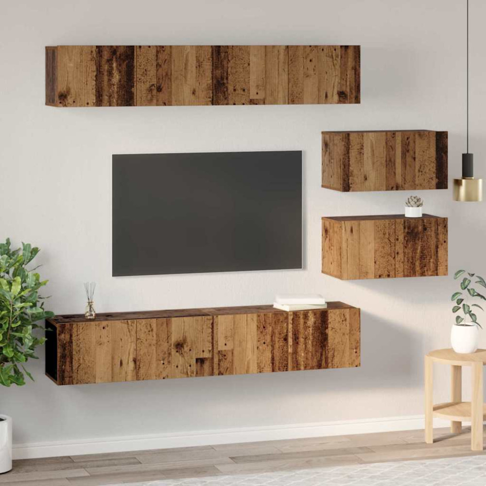 Produktbild för TV-bänkset Väggmonterad 6 pcs Gammalt trä Konstruerat trä