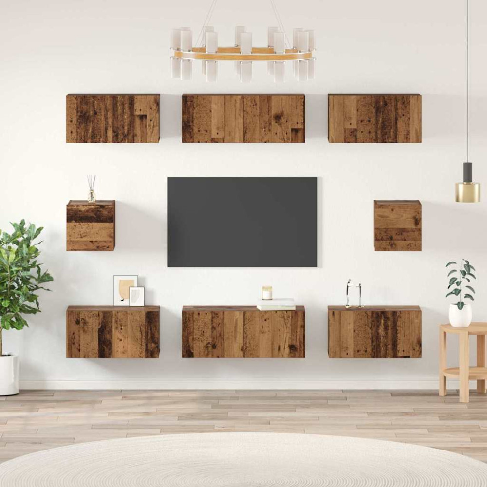 Produktbild för TV-bänkset Väggmonterad 8 pcs Gammalt trä Konstruerat trä