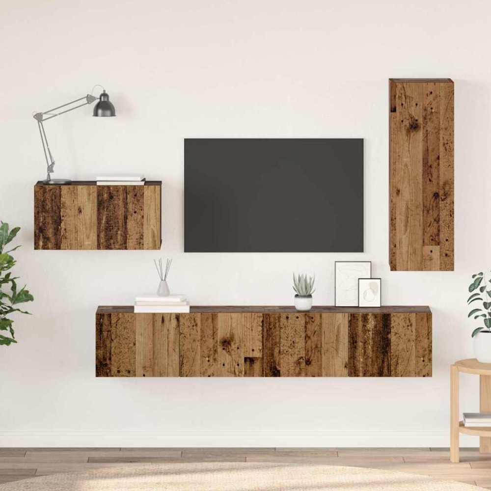 Produktbild för TV-bänkset med låda 4 pcs Gammalt trä Konstruerat trä