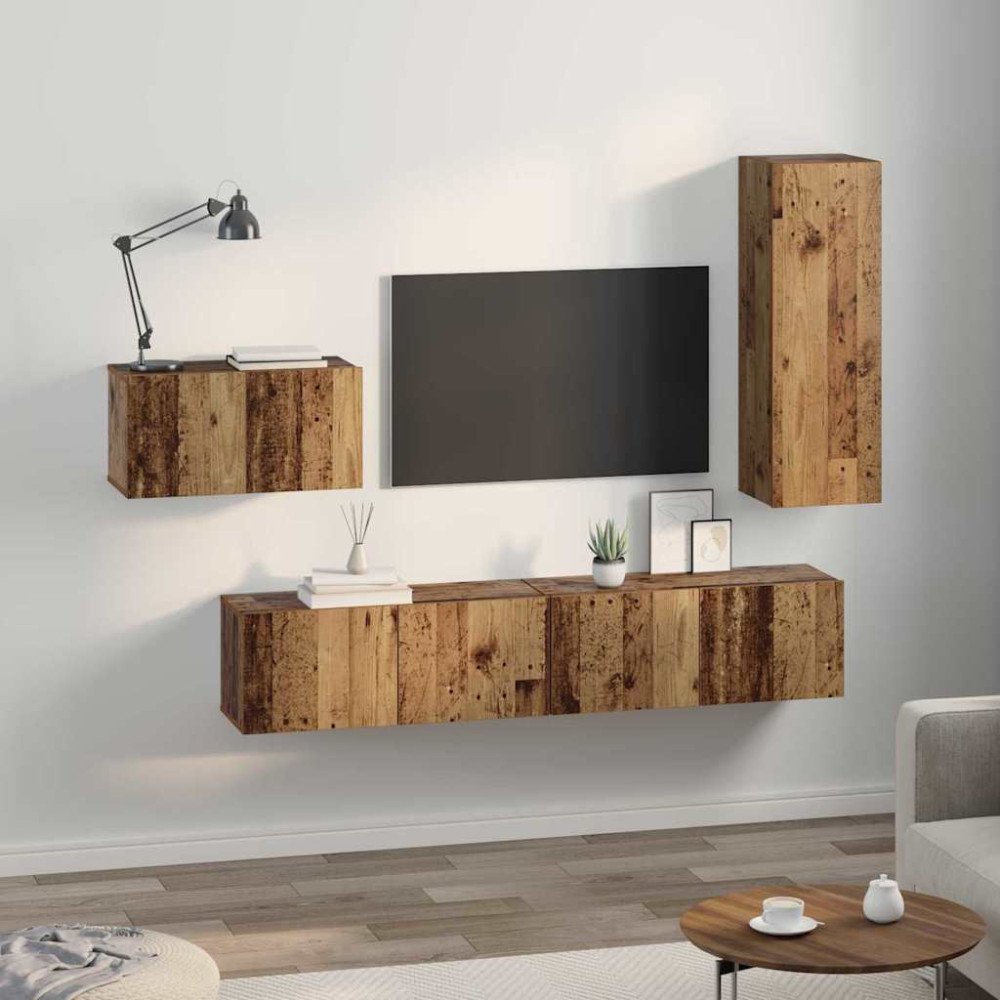 Produktbild för TV-bänkset med låda 4 pcs Gammalt trä Konstruerat trä