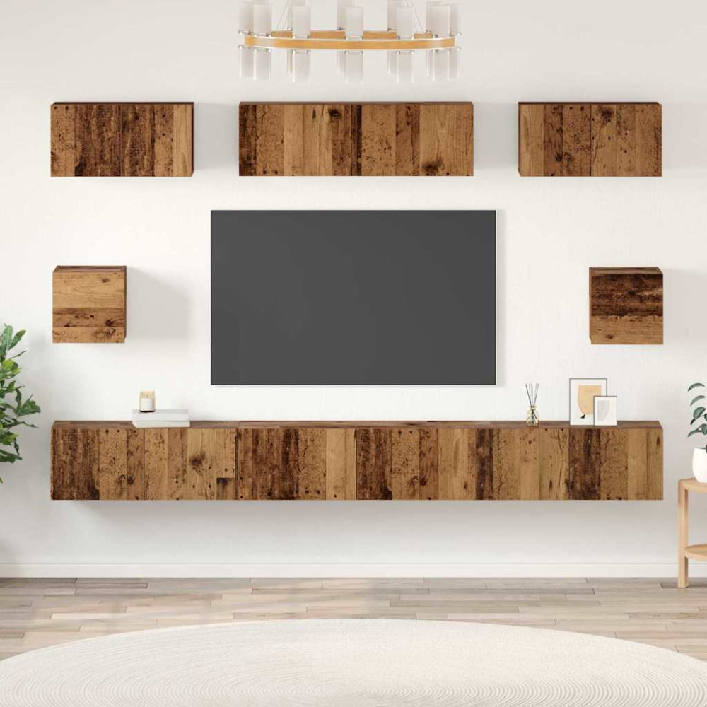 Produktbild för TV-bänkset Väggmonterad 8 pcs Gammalt trä Konstruerat trä