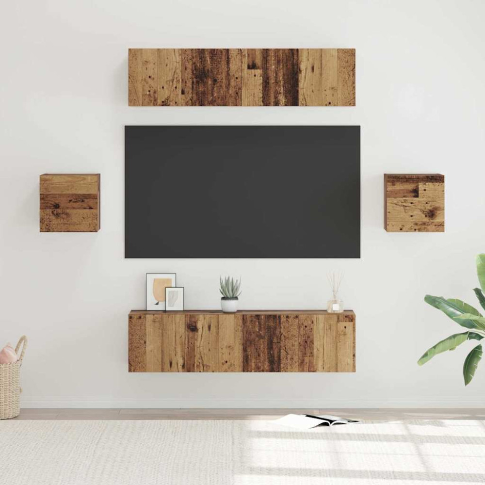 Produktbild för TV-bänkset Väggmonterad 6 pcs Gammalt trä Konstruerat trä